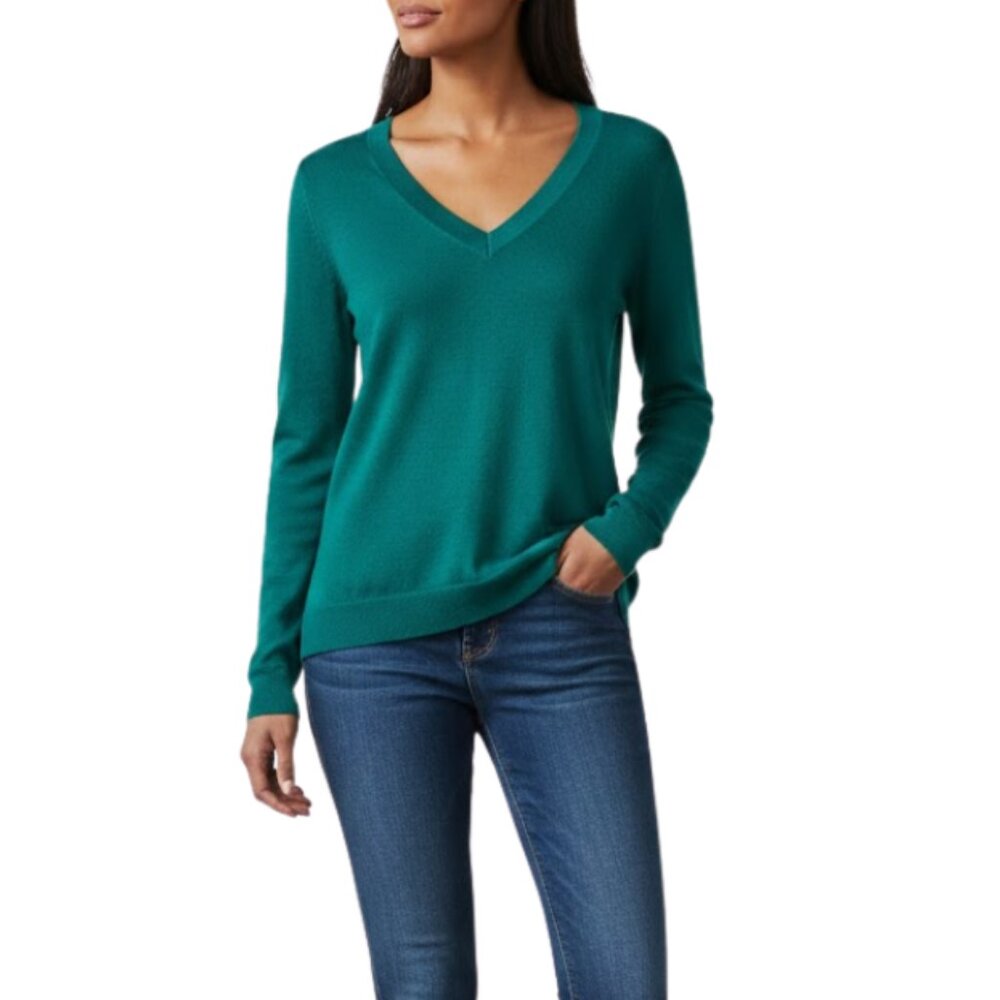 Eileen Fisher Women’s V-Neck Italian Yarn Sweater Teal Green Soft Knit – XS